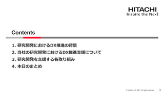 © Hitachi, Ltd. 2021. All rights reserved.
Contents
3
1. 研究開発におけるDX推進の背景
2. 当社の研究開発におけるDX推進支援について
3. 研究開発を支援する各取り組み
4. 本日の...