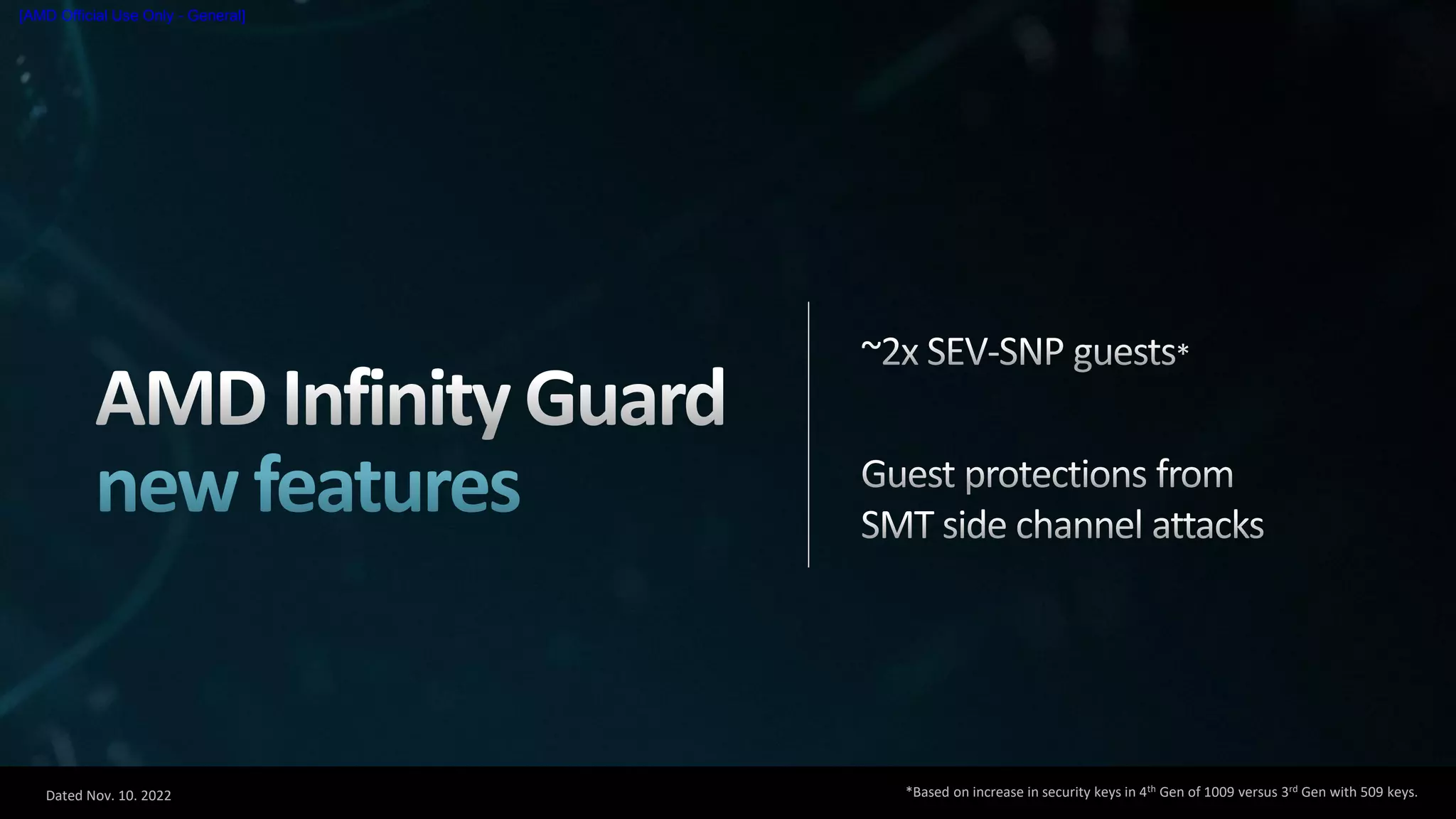 Dated Nov. 10. 2022
[AMD Official Use Only - General]
*Based on increase in security keys in 4th Gen of 1009 versus 3rd Gen with 509 keys.
 