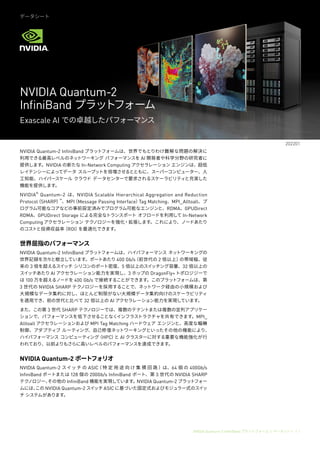 NVIDIA Quantum-2 InfiniBand プラットフォームﾠ|ﾠデータシートﾠ|ﾠ1
NVIDIA Quantum-2 InfiniBand プラットフォームは、世界でもとりわけ難解な問題の解決に
利用できる最高レベルのネットワー...