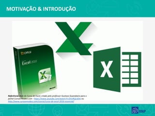 MOTIVAÇÃO & INTRODUÇÃO
Referência: Aula do Curso de Excel, criado pelo professor Gustavo Guanabara para o
portal CursoemVideo.com - https://www.youtube.com/watch?v=ZVURQLXZtIc ou
http://www.cursoemvideo.com/course/curso-de-excel-2016-essencial/
 