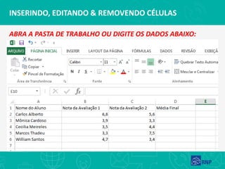 ABRA A PASTA DE TRABALHO OU DIGITE OS DADOS ABAIXO:
INSERINDO, EDITANDO & REMOVENDO CÉLULAS
 