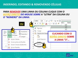 PARA REMOVER UMA LINHA OU COLUNA CLIQUE COM O
BOTÃO DIREITO DO MOUSE SOBRE A “LETRA” DA COLUNA OU
O “NÚMERO” DA LINHA:
INSERINDO, EDITANDO & REMOVENDO CÉLULAS
CLICANDO COM O
BOTÃO DIREITO SOBRE
A LINHA “3”...
OU
 