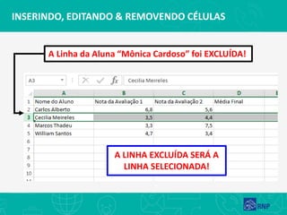 INSERINDO, EDITANDO & REMOVENDO CÉLULAS
A LINHA EXCLUÍDA SERÁ A
LINHA SELECIONADA!
A Linha da Aluna “Mônica Cardoso” foi EXCLUÍDA!
 