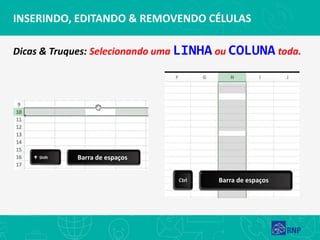 INSERINDO, EDITANDO & REMOVENDO CÉLULAS
Dicas & Truques: Selecionando uma LINHA ou COLUNA toda.
Barra de espaços
Barra de espaços
 