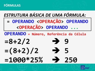 ESTRUTURA BÁSICA DE UMA FÓRMULA:
FÓRMULAS
OPERANDO = Número, Referência da Célula
=8+2/2 ➔ 9
=(8+2)/2 ➔ 5
=1000*25% ➔ 250
= OPERANDO <OPERAÇÃO> OPERANDO
<OPERAÇÃO> OPERANDO ...
 