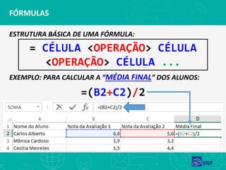 FÓRMULAS
ESTRUTURA BÁSICA DE UMA FÓRMULA:
EXEMPLO: PARA CALCULAR A “MÉDIA FINAL” DOS ALUNOS:
= CÉLULA <OPERAÇÃO> CÉLULA
<OPERAÇÃO> CÉLULA ...
=(B2+C2)/2
 