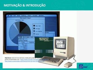 MOTIVAÇÃO & INTRODUÇÃO
Referência: Aula do Curso de Excel, criado pelo professor Gustavo Guanabara para o
portal CursoemVideo.com - https://www.youtube.com/watch?v=ZVURQLXZtIc ou
http://www.cursoemvideo.com/course/curso-de-excel-2016-essencial/
 