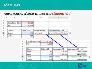 FÓRMULAS
PARA FIXAR AS CÉLULAS UTILIZA-SE O SÍMBOLO ‘ $ ’:
 