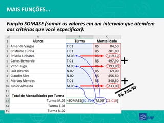 MAIS FUNÇÕES...
Função SOMASE (somar os valores em um intervalo que atendem
aos critérios que você especificar):
 