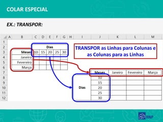 COLAR ESPECIAL
EX.: TRANSPOR:
TRANSPOR as Linhas para Colunas e
as Colunas para as Linhas
 