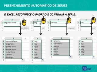 O EXCEL RECONHECE O PADRÃO E CONTINUA A SÉRIE...
PREENCHIMENTO AUTOMÁTICO DE SÉRIES
 