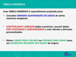 TABELA DINÂMICA
Uma TABELA DINÂMICA é especialmente projetada para:
• Consultar GRANDES QUANTIDADES DE DADOS de várias
maneiras amigáveis.
• SUBTOTALIZAR E AGREGAR dados numéricos, resumir dados
POR CATEGORIAS E SUBCATEGORIAS e criar cálculos e fórmulas
personalizados.
• Mover LINHAS PARA COLUNAS ou COLUNAS PARA LINHAS para
ver DIFERENTES RESUMOS DOS DADOS de origem.
 