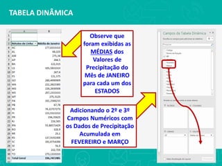 TABELA DINÂMICA
Observe que
foram exibidas as
MÉDIAS dos
Valores de
Precipitação do
Mês de JANEIRO
para cada um dos
ESTADOS
Adicionando o 2º e 3º
Campos Numéricos com
os Dados de Precipitação
Acumulada em
FEVEREIRO e MARÇO
 