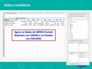 TABELA DINÂMICA
Agora os Dados de MÉDIA ficaram
dispostos nas LINHAS e os Estados
nas COLUNAS
 