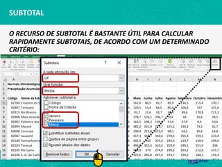 SUBTOTAL
O RECURSO DE SUBTOTAL É BASTANTE ÚTIL PARA CALCULAR
RAPIDAMENTE SUBTOTAIS, DE ACORDO COM UM DETERMINADO
CRITÉRIO:
 