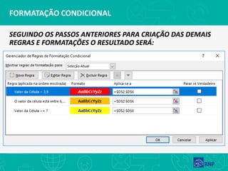 FORMATAÇÃO CONDICIONAL
SEGUINDO OS PASSOS ANTERIORES PARA CRIAÇÃO DAS DEMAIS
REGRAS E FORMATAÇÕES O RESULTADO SERÁ:
 