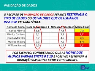 VALIDAÇÃO DE DADOS
O RECURSO DE VALIDAÇÃO DE DADOS PERMITE RESTRINGIR O
TIPO DE DADOS OU OS VALORES QUE OS USUÁRIOS
INSEREM EM UMA CÉLULA:
POR EXEMPLO, CONSIDERANDO QUE AS NOTAS DOS
ALUNOS VARIAM ENTRE 0 E 10 É POSSÍVEL RESTRINGIR A
DIGITAÇÃO DAS NOTAS ENTRE ESTES VALORES.
 