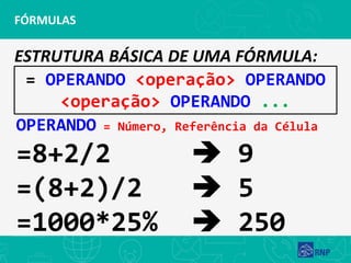 ESTRUTURA BÁSICA DE UMA FÓRMULA:
FÓRMULAS
OPERANDO = Número, Referência da Célula
=8+2/2 ➔ 9
=(8+2)/2 ➔ 5
=1000*25% ➔ 250
= OPERANDO <operação> OPERANDO
<operação> OPERANDO ...
 