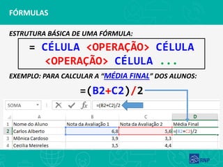 FÓRMULAS
ESTRUTURA BÁSICA DE UMA FÓRMULA:
EXEMPLO: PARA CALCULAR A “MÉDIA FINAL” DOS ALUNOS:
= CÉLULA <OPERAÇÃO> CÉLULA
<OPERAÇÃO> CÉLULA ...
=(B2+C2)/2
 