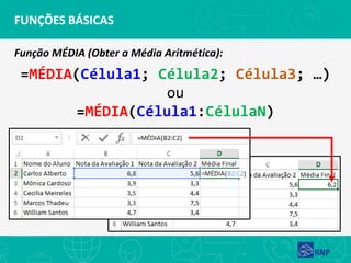 FUNÇÕES BÁSICAS
Função MÉDIA (Obter a Média Aritmética):
=MÉDIA(Célula1; Célula2; Célula3; …)
ou
=MÉDIA(Célula1:CélulaN)
 