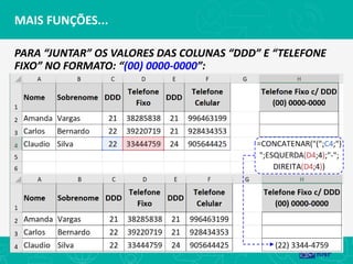 MAIS FUNÇÕES...
PARA “JUNTAR” OS VALORES DAS COLUNAS “DDD” E “TELEFONE
FIXO” NO FORMATO: “(00) 0000-0000”:
 
