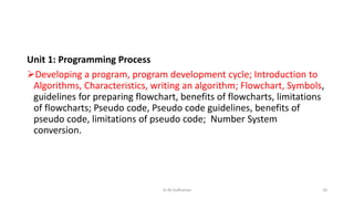 Unit 1: Programming Process
Developing a program, program development cycle; Introduction to
Algorithms, Characteristics, writing an algorithm; Flowchart, Symbols,
guidelines for preparing flowchart, benefits of flowcharts, limitations
of flowcharts; Pseudo code, Pseudo code guidelines, benefits of
pseudo code, limitations of pseudo code; Number System
conversion.
Dr.M.Sudharsan 20
 