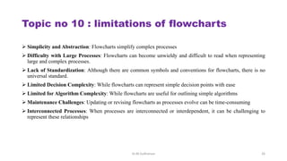 Topic no 10 : limitations of flowcharts
 Simplicity and Abstraction: Flowcharts simplify complex processes
 Difficulty with Large Processes: Flowcharts can become unwieldy and difficult to read when representing
large and complex processes.
 Lack of Standardization: Although there are common symbols and conventions for flowcharts, there is no
universal standard.
 Limited Decision Complexity: While flowcharts can represent simple decision points with ease
 Limited for Algorithm Complexity: While flowcharts are useful for outlining simple algorithms
 Maintenance Challenges: Updating or revising flowcharts as processes evolve can be time-consuming
 Interconnected Processes: When processes are interconnected or interdependent, it can be challenging to
represent these relationships
Dr.M.Sudharsan 26
 
