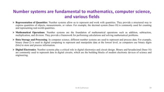 Number systems are fundamental to mathematics, computer science,
and various fields
 Representation of Quantities: Number systems allow us to represent and work with quantities. They provide a structured way to
express quantities of objects, measurements, or values. For example, the decimal system (base-10) is commonly used for counting
and representing real-world quantities.
 Mathematical Operations: Number systems are the foundation of mathematical operations such as addition, subtraction,
multiplication, and division. They provide a framework for performing calculations and solving mathematical problems.
 Data Storage and Processing: In computer science, different number systems are used to represent and process data. For example,
binary (base-2) is used in digital computing to represent and manipulate data at the lowest level, as computers use binary digits
(bits) to store and process information.
 Digital Electronics: Number systems play a critical role in digital electronics and circuit design. Binary and hexadecimal (base-16)
are commonly used to represent data in digital circuits, which are the building blocks of modern electronic devices of science and
engineering.
Dr.M.Sudharsan 39
 
