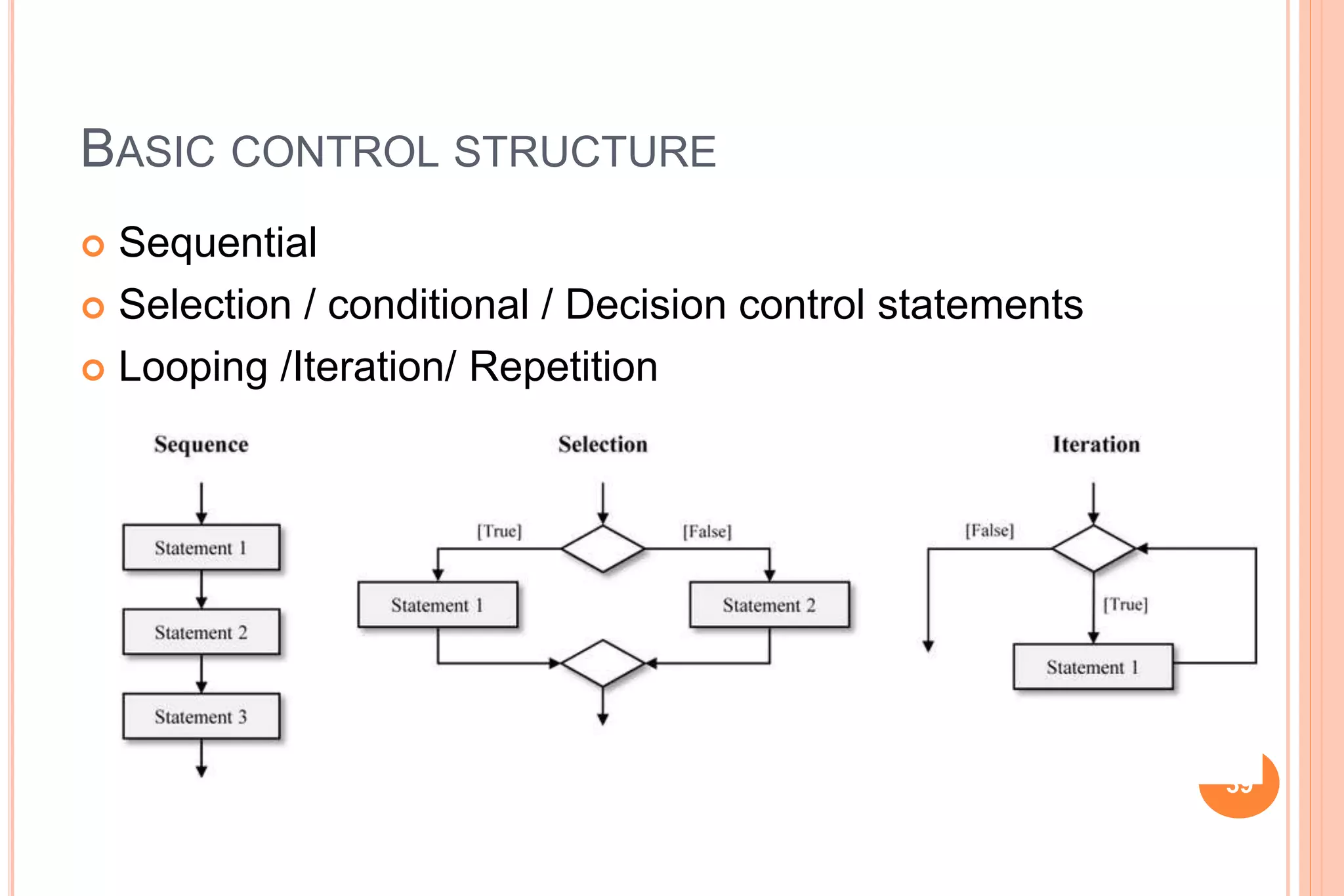 BASIC CONTROL STRUCTURE
 Sequential
 Selection / conditional / Decision control statements
 Looping /Iteration/ Repetition
39
 