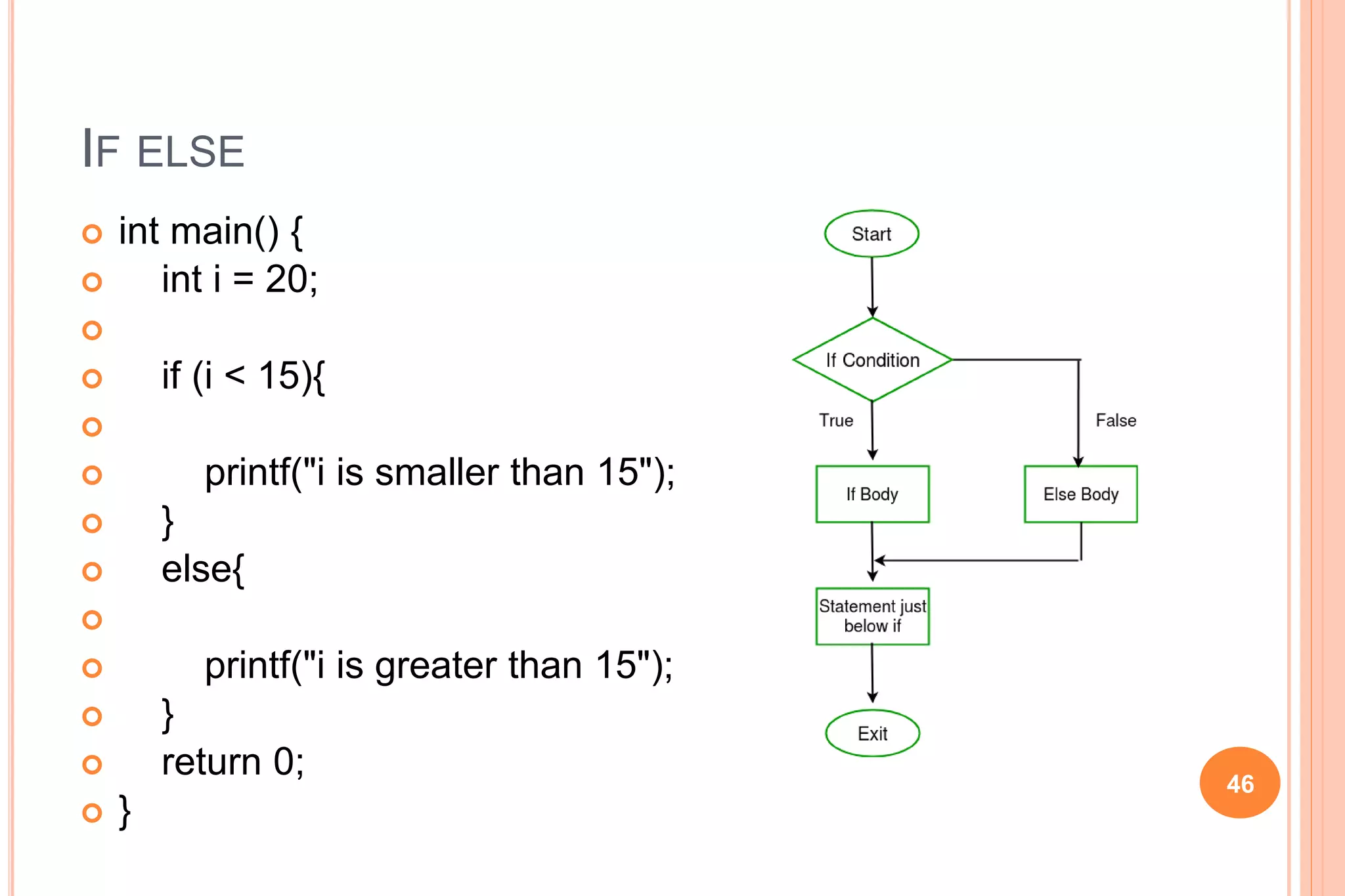 IF ELSE
 int main() {
 int i = 20;

 if (i < 15){

 printf("i is smaller than 15");
 }
 else{

 printf("i is greater than 15");
 }
 return 0;
 }
46
 