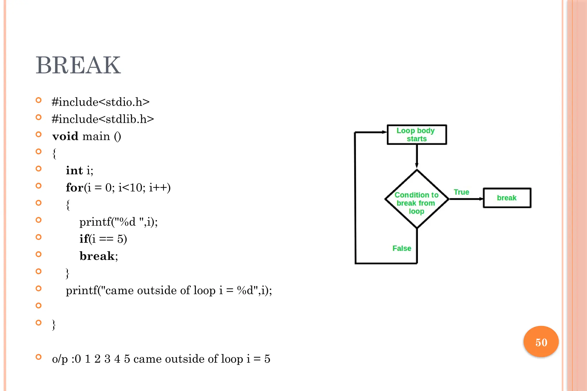 50 BREAK  #include<stdio.h>  #include<stdlib.h>  void main ()  {  int i;  for(i = 0; i<10; i++)  {  printf("%d ",i);  if(i == 5)  break;  }  printf("came outside of loop i = %d",i);   }  o/p :0 1 2 3 4 5 came outside of loop i = 5 