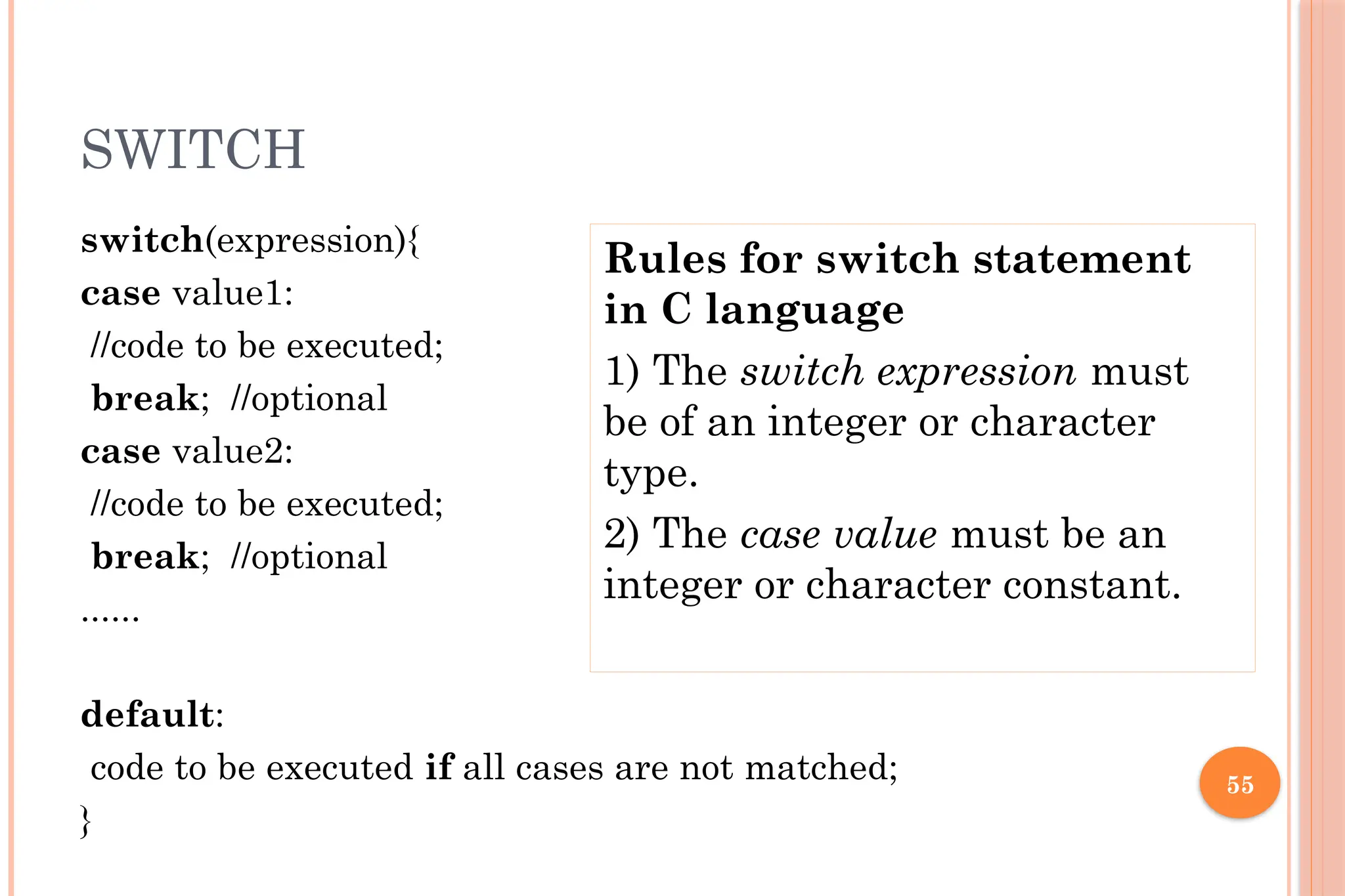 55 SWITCH switch(expression){ case value1: //code to be executed; break; //optional case value2: //code to be executed; break; //optional ...... default: code to be executed if all cases are not matched; } Rules for switch statement in C language 1) The switch expression must be of an integer or character type. 2) The case value must be an integer or character constant. 