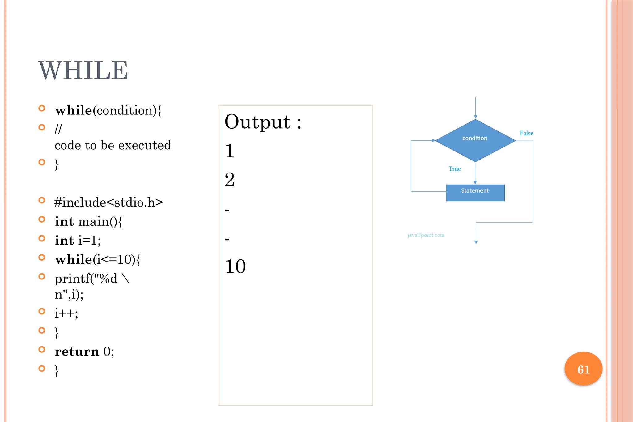 61 WHILE  while(condition){  // code to be executed  }  #include<stdio.h>  int main(){  int i=1;  while(i<=10){  printf("%d n",i);  i++;  }  return 0;  } Output : 1 2 - - 10 