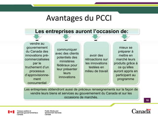 Avantages du PCCI
       Les entreprises auront l’occasion de:

   vendre au
 gouvernement                                                   mieux se
                     communiquer
 du Canada des                                                 préparer à
                    avec des clients
innovations pré-                            avoir des           mettre en
                     potentiels des
commercialisées                         rétroactions sur     marché leurs
                        ministères
     par le                             les innovations     produits grâce à
                     fédéraux pour
truchement d’un                            testées en          ce qu’elles
                     leur présenter
   processus                            milieu de travail   auront appris en
                          leurs
d’approvisionne-                                             participant au
                       innovations
      ment                                                    programme
  concurrentiel
Les entreprises obtiendront aussi de précieux renseignements sur la façon de
    vendre leurs biens et services au gouvernement du Canada et sur les
                           occasions de marchés.
                                                                               10
                                                                               10
 