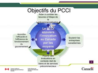 Objectifs du PCCI
                      Aider à combler les
                     lacunes à l'étape de
                               la
                    précommercialisation


                        Le PCCI
                        appuiera
     Accroître
  l’efficacité et    l’innovation
                                            Soutenir les
 l’efficience de      au Canada              entreprises
fonctionnement
         du              par les            canadiennes
 gouvernement           moyens
                        suivants
                         Fournir des
                       évaluations en
                      contexte réel de                     4
                                                           4
                    biens et de services
                      précommerciaux
                                                           4
 