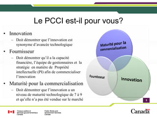 Le PCCI est-il pour vous?
• Innovation
   – Doit démontrer que l’innovation est
     synonyme d’avancée technologique
• Fournisseur
   – Doit démontrer qu’il a la capacité
     financière, l’équipe de gestionnaires et la
     stratégie en matière de Propriété
     intellectuelle (PI) afin de commercialiser
     l’innovation
• Maturité pour la commercialisation
   – Doit démontrer que l’innovation a un
     niveau de maturité technologique de 7 à 9
     et qu’elle n’a pas été vendue sur le marché   5
                                                   5
 