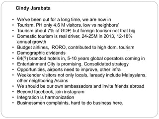 Cindy Jarabata
• We’ve been out for a long time, we are now in
• Tourism, PH only 4.6 M visitors, low vs neighbors’
• Tourism about 7% of GDP, but foreign tourism not that big
• Domestic tourism is real driver, 24-25M in 2013, 12-18%
annual growth
• Budget airlines, RORO, contributed to high dom. tourism
• Demographic dividends
• 64(?) branded hotels in, 5-10 years global operators coming in
• Entertainment City is promising. Consolidated strategy
• Opportunities, airports need to improve, other infra
• Weekender visitors not only locals, laready include Malaysians,
other neighboring Asians
• We should be our own ambassadors and invite friends abroad
• Beyond facebook, join instagram
• Integration is harmonization
• Businessmen complaints, hard to do business here.
 