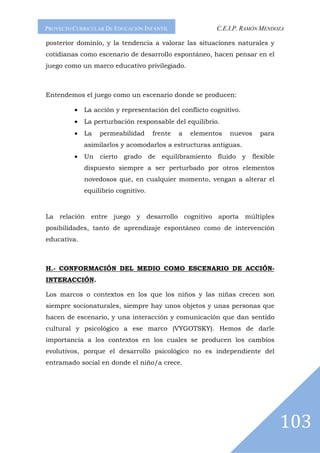 PROYECTO CURRICULAR DE EDUCACIÓN INFANTIL                   C.E.I.P. RAMÓN MENDOZA

posterior dominio, y la tendencia a valorar las situaciones naturales y
cotidianas como escenario de desarrollo espontáneo, hacen pensar en el
juego como un marco educativo privilegiado.



Entendemos el juego como un escenario donde se producen:

         •   La acción y representación del conflicto cognitivo.
         •   La perturbación responsable del equilibrio.
         •   La   permeabilidad       frente   a   elementos    nuevos     para
             asimilarlos y acomodarlos a estructuras antiguas.
         •   Un   cierto   grado     de   equilibramiento   fluido y     flexible
             dispuesto siempre a ser perturbado por otros elementos
             novedosos que, en cualquier momento, vengan a alterar el
             equilibrio cognitivo.



La relación entre juego y desarrollo cognitivo aporta múltiples
posibilidades, tanto de aprendizaje espontáneo como de intervención
educativa.



H.- CONFORMACIÓN DEL MEDIO COMO ESCENARIO DE ACCIÓN-
INTERACCIÓN.

Los marcos o contextos en los que los niños y las niñas crecen son
siempre socionaturales, siempre hay unos objetos y unas personas que
hacen de escenario, y una interacción y comunicación que dan sentido
cultural y psicológico a ese marco (VYGOTSKY). Hemos de darle
importancia a los contextos en los cuales se producen los cambios
evolutivos, porque el desarrollo psicológico no es independiente del
entramado social en donde el niño/a crece.




                                                                                    103
 