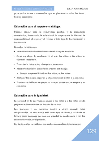 PROYECTO CURRICULAR DE EDUCACIÓN INFANTIL                   C.E.I.P. RAMÓN MENDOZA

parte de los temas transversales, que se plantean en todas las áreas.
Son los siguientes:



Educación para el respeto y el diálogo.
Supone    educar       para   la   convivencia   pacífica   y   la   ciudadanía
democrática, fomentando la solidaridad, la cooperación, la libertad, la
responsabilidad, el respeto y el rechazo a todo tipo de discriminación e
intolerancia.

Para ello, proponemos:

• Establecer normas de convivencia en el aula y en el centro.

• Crear un clima de confianza en el que los niños y las niñas se
  expresen libremente.

• Fomentar la tolerancia y el respeto a los demás.

• Resolver situaciones conflictivas a través del diálogo.

   • Otorgar responsabilidades a los niños y a las niñas.

• Rechazar los juegos, juguetes y situaciones que inciten a la violencia.

• Promover actividades en grupo en las que se coopere, se respete y se
  comparta.



Educación para la Igualdad.
La sociedad en la que vivimos asigna a los niños y a las niñas desde
pequeños roles diferentes en función de su sexo.

Los   maestros     y   las    maestras   pueden    y   deben    corregir   estas
desigualdades. En sus manos está hacer que los niños y las niñas se
formen como personas que son, en igualdad de condiciones y con los
mismos derechos y obligaciones.

Por tanto, en las actividades que realicemos en clase, intentaremos:



                                                                                   129
 