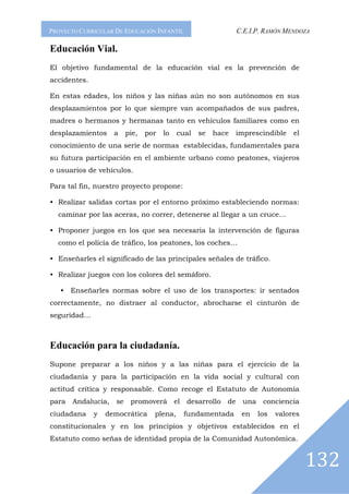PROYECTO CURRICULAR DE EDUCACIÓN INFANTIL                    C.E.I.P. RAMÓN MENDOZA

Educación Vial.
El objetivo fundamental de la educación vial es la prevención de
accidentes.

En estas edades, los niños y las niñas aún no son autónomos en sus
desplazamientos por lo que siempre van acompañados de sus padres,
madres o hermanos y hermanas tanto en vehículos familiares como en
desplazamientos     a   pie,   por   lo   cual   se   hace   imprescindible   el
conocimiento de una serie de normas establecidas, fundamentales para
su futura participación en el ambiente urbano como peatones, viajeros
o usuarios de vehículos.

Para tal fin, nuestro proyecto propone:

• Realizar salidas cortas por el entorno próximo estableciendo normas:
  caminar por las aceras, no correr, detenerse al llegar a un cruce…

• Proponer juegos en los que sea necesaria la intervención de figuras
  como el policía de tráfico, los peatones, los coches…

• Enseñarles el significado de las principales señales de tráfico.

• Realizar juegos con los colores del semáforo.

   • Enseñarles normas sobre el uso de los transportes: ir sentados
correctamente, no distraer al conductor, abrocharse el cinturón de
seguridad…



Educación para la ciudadanía.
Supone preparar a los niños y a las niñas para el ejercicio de la
ciudadanía y para la participación en la vida social y cultural con
actitud crítica y responsable. Como recoge el Estatuto de Autonomía
para Andalucía, se promoverá el desarrollo de una conciencia
ciudadana     y   democrática    plena,     fundamentada      en   los   valores
constitucionales y en los principios y objetivos establecidos en el
Estatuto como señas de identidad propia de la Comunidad Autonómica.


                                                                                   132
 
