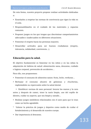 PROYECTO CURRICULAR DE EDUCACIÓN INFANTIL                  C.E.I.P. RAMÓN MENDOZA

De esta forma, nuestro proyecto propone realizar actividades dedicadas
a:

• Enseñarles a respetar las normas de convivencia que rigen la vida en
     el aula.

• Responsabilizarles en el cuidado de los materiales y espacios
     comunes.

• Proponer juegos en los que tengan que discriminar comportamientos
     adecuados e inadecuados en diferentes situaciones.

• Fomentar el respeto hacia las personas mayores.

• Desarrollar        actitudes   para   ser   buenos   ciudadanos    (respeto,
     tolerancia, solidaridad, convivencia…).



Educación para la salud.
El objetivo fundamental es fomentar en los niños y en las niñas la
adquisición de hábitos de salud: alimentación sana, descanso, cuidado
e higiene corporal, prevención de accidentes…

Para ello, nos proponemos:

• Fomentar el consumo de alimentos sanos: fruta, leche, verduras…

• Rechazar      el     consumo     abusivo    de   golosinas   y   chucherías,
     explicándoles su repercusión sobre la salud dental.

     • Establecer normas de aseo personal: lavarse las manos y la cara
antes y después de comer, tener la nariz limpia, uso del cepillo de
dientes, cuidar su aspecto, que sea limpio y aseado…

• Realizar juegos simbólicos relacionados con el aseo para que lo vean
     como un hecho agradable.

*    Valorar la práctica de juegos y deportes como medio de cuidar el
     fortalecimiento y el desarrollo de nuestro cuerpo.

• Dar importancia al descanso.


                                                                                 133
 