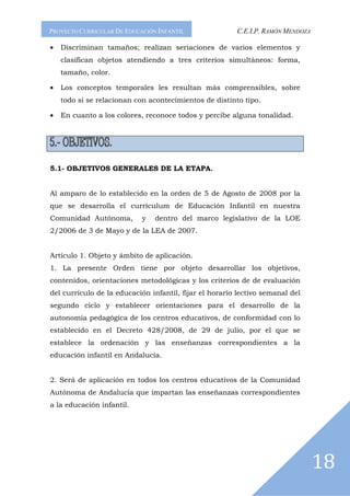 PROYECTO CURRICULAR DE EDUCACIÓN INFANTIL               C.E.I.P. RAMÓN MENDOZA

•   Discriminan tamaños; realizan seriaciones de varios elementos y
    clasifican objetos atendiendo a tres criterios simultáneos: forma,
    tamaño, color.

•   Los conceptos temporales les resultan más comprensibles, sobre
    todo si se relacionan con acontecimientos de distinto tipo.

•   En cuanto a los colores, reconoce todos y percibe alguna tonalidad.




5.1- OBJETIVOS GENERALES DE LA ETAPA.


Al amparo de lo establecido en la orden de 5 de Agosto de 2008 por la
que se desarrolla el currículum de Educación Infantil en nuestra
Comunidad Autónoma,         y   dentro del marco legislativo de la LOE
2/2006 de 3 de Mayo y de la LEA de 2007.


Artículo 1. Objeto y ámbito de aplicación.
1. La presente Orden tiene por objeto desarrollar los objetivos,
contenidos, orientaciones metodológicas y los criterios de de evaluación
del currículo de la educación infantil, fijar el horario lectivo semanal del
segundo ciclo y establecer orientaciones para el desarrollo de la
autonomía pedagógica de los centros educativos, de conformidad con lo
establecido en el Decreto 428/2008, de 29 de julio, por el que se
establece la ordenación y las enseñanzas correspondientes a la
educación infantil en Andalucía.


2. Será de aplicación en todos los centros educativos de la Comunidad
Autónoma de Andalucía que impartan las enseñanzas correspondientes
a la educación infantil.




                                                                                 18
 