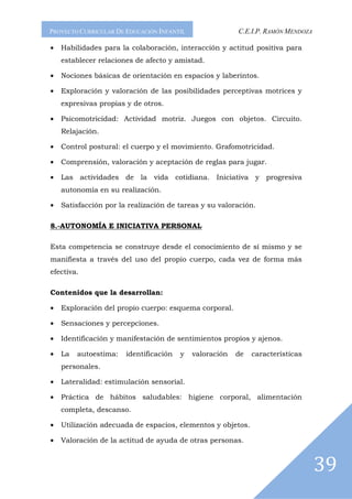 PROYECTO CURRICULAR DE EDUCACIÓN INFANTIL                C.E.I.P. RAMÓN MENDOZA

•   Habilidades para la colaboración, interacción y actitud positiva para
    establecer relaciones de afecto y amistad.

•   Nociones básicas de orientación en espacios y laberintos.

•   Exploración y valoración de las posibilidades perceptivas motrices y
    expresivas propias y de otros.

•   Psicomotricidad: Actividad motriz. Juegos con objetos. Circuito.
    Relajación.

•   Control postural: el cuerpo y el movimiento. Grafomotricidad.

•   Comprensión, valoración y aceptación de reglas para jugar.

•   Las actividades de la vida cotidiana. Iniciativa y progresiva
    autonomía en su realización.

•   Satisfacción por la realización de tareas y su valoración.

8.-AUTONOMÍA E INICIATIVA PERSONAL

Esta competencia se construye desde el conocimiento de sí mismo y se
manifiesta a través del uso del propio cuerpo, cada vez de forma más
efectiva.

Contenidos que la desarrollan:

•   Exploración del propio cuerpo: esquema corporal.

•   Sensaciones y percepciones.

•   Identificación y manifestación de sentimientos propios y ajenos.

•   La   autoestima:   identificación   y   valoración   de   características
    personales.

•   Lateralidad: estimulación sensorial.

•   Práctica de hábitos saludables: higiene corporal, alimentación
    completa, descanso.

•   Utilización adecuada de espacios, elementos y objetos.

•   Valoración de la actitud de ayuda de otras personas.



                                                                                  39
 