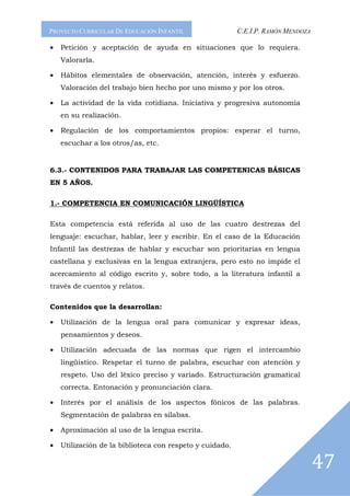 PROYECTO CURRICULAR DE EDUCACIÓN INFANTIL                 C.E.I.P. RAMÓN MENDOZA

•   Petición y aceptación de ayuda en situaciones que lo requiera.
    Valorarla.

•   Hábitos elementales de observación, atención, interés y esfuerzo.
    Valoración del trabajo bien hecho por uno mismo y por los otros.

•   La actividad de la vida cotidiana. Iniciativa y progresiva autonomía
    en su realización.

•   Regulación de los comportamientos propios: esperar el turno,
    escuchar a los otros/as, etc.


6.3.- CONTENIDOS PARA TRABAJAR LAS COMPETENICAS BÁSICAS
EN 5 AÑOS.

1.- COMPETENCIA EN COMUNICACIÓN LINGÜÍSTICA

Esta competencia está referida al uso de las cuatro destrezas del
lenguaje: escuchar, hablar, leer y escribir. En el caso de la Educación
Infantil las destrezas de hablar y escuchar son prioritarias en lengua
castellana y exclusivas en la lengua extranjera, pero esto no impide el
acercamiento al código escrito y, sobre todo, a la literatura infantil a
través de cuentos y relatos.

Contenidos que la desarrollan:

•   Utilización de la lengua oral para comunicar y expresar ideas,
    pensamientos y deseos.

•   Utilización adecuada de las normas que rigen el intercambio
    lingüístico. Respetar el turno de palabra, escuchar con atención y
    respeto. Uso del léxico preciso y variado. Estructuración gramatical
    correcta. Entonación y pronunciación clara.

•   Interés por el análisis de los aspectos fónicos de las palabras.
    Segmentación de palabras en sílabas.

•   Aproximación al uso de la lengua escrita.

•   Utilización de la biblioteca con respeto y cuidado.

                                                                                   47
 