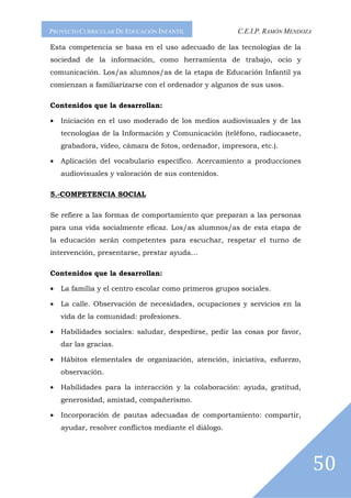 PROYECTO CURRICULAR DE EDUCACIÓN INFANTIL              C.E.I.P. RAMÓN MENDOZA

Esta competencia se basa en el uso adecuado de las tecnologías de la
sociedad de la información, como herramienta de trabajo, ocio y
comunicación. Los/as alumnos/as de la etapa de Educación Infantil ya
comienzan a familiarizarse con el ordenador y algunos de sus usos.

Contenidos que la desarrollan:

•   Iniciación en el uso moderado de los medios audiovisuales y de las
    tecnologías de la Información y Comunicación (teléfono, radiocasete,
    grabadora, vídeo, cámara de fotos, ordenador, impresora, etc.).

•   Aplicación del vocabulario específico. Acercamiento a producciones
    audiovisuales y valoración de sus contenidos.

5.-COMPETENCIA SOCIAL

Se refiere a las formas de comportamiento que preparan a las personas
para una vida socialmente eficaz. Los/as alumnos/as de esta etapa de
la educación serán competentes para escuchar, respetar el turno de
intervención, presentarse, prestar ayuda…

Contenidos que la desarrollan:

•   La familia y el centro escolar como primeros grupos sociales.

•   La calle. Observación de necesidades, ocupaciones y servicios en la
    vida de la comunidad: profesiones.

•   Habilidades sociales: saludar, despedirse, pedir las cosas por favor,
    dar las gracias.

•   Hábitos elementales de organización, atención, iniciativa, esfuerzo,
    observación.

•   Habilidades para la interacción y la colaboración: ayuda, gratitud,
    generosidad, amistad, compañerismo.

•   Incorporación de pautas adecuadas de comportamiento: compartir,
    ayudar, resolver conflictos mediante el diálogo.




                                                                                50
 