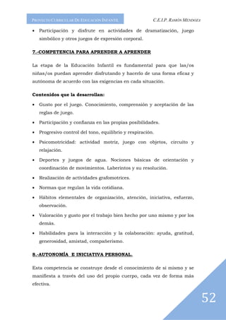 PROYECTO CURRICULAR DE EDUCACIÓN INFANTIL                C.E.I.P. RAMÓN MENDOZA

•   Participación y disfrute en actividades de dramatización, juego
    simbólico y otros juegos de expresión corporal.

7.-COMPETENCIA PARA APRENDER A APRENDER

La etapa de la Educación Infantil es fundamental para que las/os
niñas/os puedan aprender disfrutando y hacerlo de una forma eficaz y
autónoma de acuerdo con las exigencias en cada situación.

Contenidos que la desarrollan:

•   Gusto por el juego. Conocimiento, comprensión y aceptación de las
    reglas de juego.

•   Participación y confianza en las propias posibilidades.

•   Progresivo control del tono, equilibrio y respiración.

•   Psicomotricidad: actividad motriz, juego con objetos, circuito y
    relajación.

•   Deportes y juegos de agua. Nociones básicas de orientación y
    coordinación de movimientos. Laberintos y su resolución.

•   Realización de actividades grafomotrices.

•   Normas que regulan la vida cotidiana.

•   Hábitos elementales de organización, atención, iniciativa, esfuerzo,
    observación.

•   Valoración y gusto por el trabajo bien hecho por uno mismo y por los
    demás.

•   Habilidades para la interacción y la colaboración: ayuda, gratitud,
    generosidad, amistad, compañerismo.

8.-AUTONOMÍA E INICIATIVA PERSONAL.

Esta competencia se construye desde el conocimiento de sí mismo y se
manifiesta a través del uso del propio cuerpo, cada vez de forma más
efectiva.


                                                                                  52
 
