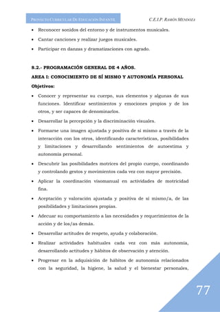 PROYECTO CURRICULAR DE EDUCACIÓN INFANTIL               C.E.I.P. RAMÓN MENDOZA

•   Reconocer sonidos del entorno y de instrumentos musicales.

•   Cantar canciones y realizar juegos musicales.

•   Participar en danzas y dramatizaciones con agrado.



8.2.- PROGRAMACIÓN GENERAL DE 4 AÑOS.

AREA I: CONOCIMIENTO DE SÍ MISMO Y AUTONOMÍA PERSONAL

Objetivos:

•   Conocer y representar su cuerpo, sus elementos y algunas de sus
    funciones. Identificar sentimientos y emociones propios y de los
    otros, y ser capaces de denominarlos.

•   Desarrollar la percepción y la discriminación visuales.

•   Formarse una imagen ajustada y positiva de sí mismo a través de la
    interacción con los otros, identificando características, posibilidades
    y limitaciones y desarrollando sentimientos de autoestima y
    autonomía personal.

•   Descubrir las posibilidades motrices del propio cuerpo, coordinando
    y controlando gestos y movimientos cada vez con mayor precisión.

•   Aplicar la coordinación visomanual en actividades de motricidad
    fina.

•   Aceptación y valoración ajustada y positiva de sí mismo/a, de las
    posibilidades y limitaciones propias.

•   Adecuar su comportamiento a las necesidades y requerimientos de la
    acción y de los/as demás.

•   Desarrollar actitudes de respeto, ayuda y colaboración.

•   Realizar actividades habituales cada vez con más autonomía,
    desarrollando actitudes y hábitos de observación y atención.

•   Progresar en la adquisición de hábitos de autonomía relacionados
    con la seguridad, la higiene, la salud y el bienestar personales,




                                                                                 77
 