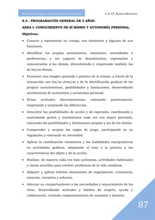 PROYECTO CURRICULAR DE EDUCACIÓN INFANTIL                 C.E.I.P. RAMÓN MENDOZA

8.3.- PROGRAMACIÓN GENERAL DE 5 AÑOS.

AREA I: CONOCIMIENTO DE SÍ MISMO Y AUTONOMÍA PERSONAL.

Objetivos:

•   Conocer y representar su cuerpo, sus elementos y algunas de sus
    funciones.

•   Identificar los propios sentimientos, emociones, necesidades o
    preferencias,   y   ser    capaces    de   denominarlos,   expresarlos   y
    comunicarlos a los demás, descubriendo y respetando también los
    de los/as demás.

•   Formarse una imagen ajustada y positiva de sí mismo, a través de la
    interacción con los/as otros/as y de la identificación gradual de las
    propias características, posibilidades y limitaciones, desarrollando
    sentimientos de autoestima y autonomía personal.

•   Evitar   actitudes        discriminatorias,   valorando    positivamente,
    respetando y aceptando las diferencias.

•   Descubrir las posibilidades de acción y de expresión, coordinando y
    controlando gestos y movimientos cada vez con mayor precisión,
    valorando las posibilidades y limitaciones propias y las de los demás.

•   Comprender y aceptar las reglas de juego, participando en su
    regulación y valorando su necesidad.

•   Aplicar la coordinación visomotora y las habilidades manipulativas
    en actividades gráficas, adaptando el tono y la postura a las
    características del objeto y de la acción.

•   Realizar, de manera cada vez más autónoma, actividades habituales
    y tareas sencillas para resolver problemas de la vida cotidiana.

•   Adquirir y aplicar hábitos elementales de organización, constancia,
    atención, iniciativa y esfuerzo.

•   Adecuar su comportamiento a las necesidades y requerimiento de los
    otros, desarrollando actitudes y hábitos de respeto, ayuda y
    colaboración, evitando comportamientos de sumisión y dominio.


                                                                                   87
 