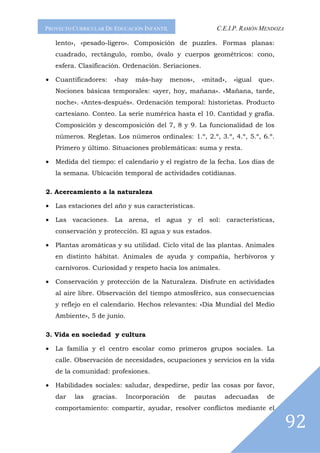 PROYECTO CURRICULAR DE EDUCACIÓN INFANTIL                    C.E.I.P. RAMÓN MENDOZA

    lento», «pesado-ligero». Composición de puzzles. Formas planas:
    cuadrado, rectángulo, rombo, óvalo y cuerpos geométricos: cono,
    esfera. Clasificación. Ordenación. Seriaciones.

•   Cuantificadores:   «hay    más-hay       menos»,   «mitad»,   «igual   que».
    Nociones básicas temporales: «ayer, hoy, mañana». «Mañana, tarde,
    noche». «Antes-después». Ordenación temporal: historietas. Producto
    cartesiano. Conteo. La serie numérica hasta el 10. Cantidad y grafía.
    Composición y descomposición del 7, 8 y 9. La funcionalidad de los
    números. Regletas. Los números ordinales: 1.º, 2.º, 3.º, 4.º, 5.º, 6.º.
    Primero y último. Situaciones problemáticas: suma y resta.

•   Medida del tiempo: el calendario y el registro de la fecha. Los días de
    la semana. Ubicación temporal de actividades cotidianas.

2. Acercamiento a la naturaleza

•   Las estaciones del año y sus características.

•   Las vacaciones. La arena, el agua y el sol: características,
    conservación y protección. El agua y sus estados.

•   Plantas aromáticas y su utilidad. Ciclo vital de las plantas. Animales
    en distinto hábitat. Animales de ayuda y compañía, herbívoros y
    carnívoros. Curiosidad y respeto hacia los animales.

•   Conservación y protección de la Naturaleza. Disfrute en actividades
    al aire libre. Observación del tiempo atmosférico, sus consecuencias
    y reflejo en el calendario. Hechos relevantes: «Día Mundial del Medio
    Ambiente», 5 de junio.

3. Vida en sociedad y cultura

•   La familia y el centro escolar como primeros grupos sociales. La
    calle. Observación de necesidades, ocupaciones y servicios en la vida
    de la comunidad: profesiones.

•   Habilidades sociales: saludar, despedirse, pedir las cosas por favor,
    dar   las   gracias.     Incorporación     de   pautas     adecuadas     de
    comportamiento: compartir, ayudar, resolver conflictos mediante el

                                                                                      92
 