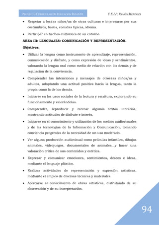 PROYECTO CURRICULAR DE EDUCACIÓN INFANTIL                 C.E.I.P. RAMÓN MENDOZA

•   Respetar a los/as niños/as de otras culturas e interesarse por sus
    costumbres, bailes, comidas típicas, idioma.

•   Participar en hechos culturales de su entorno.

ÁREA III: LENGUAJES: COMUNICACIÓN Y REPRESENTACIÓN.

Objetivos:

•   Utilizar la lengua como instrumento de aprendizaje, representación,
    comunicación y disfrute, y como expresión de ideas y sentimientos,
    valorando la lengua oral como medio de relación con los demás y de
    regulación de la convivencia.

•   Comprender las intenciones y mensajes de otros/as niños/as y
    adultos, adoptando una actitud positiva hacia la lengua, tanto la
    propia como la de los demás.

•   Iniciarse en los usos sociales de la lectura y escritura, explorando su
    funcionamiento y valorándolas.

•   Comprender,     reproducir    y   recrear   algunos   textos   literarios,
    mostrando actitudes de disfrute e interés.

•   Iniciarse en el conocimiento y utilización de los medios audiovisuales
    y de las tecnologías de la Información y Comunicación, tomando
    conciencia progresiva de la necesidad de un uso moderado.

•   Ver alguna producción audiovisual como películas infantiles, dibujos
    animales, videojuegos, documentales de animales...y hacer una
    valoración crítica de sus contenidos y estética.

•   Expresar y comunicar emociones, sentimientos, deseos e ideas,
    mediante el lenguaje plástico.

•   Realizar   actividades   de   representación   y   expresión   artísticas,
    mediante el empleo de diversas técnicas y materiales.

•   Acercarse al conocimiento de obras artísticas, disfrutando de su
    observación y de su interpretación.




                                                                                   94
 